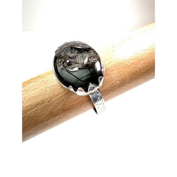 Pyritized Ammonite Geode Cuff Hand Hammered 925 Sterling Silver 6" + 1" Gap - Picture 5 of 6